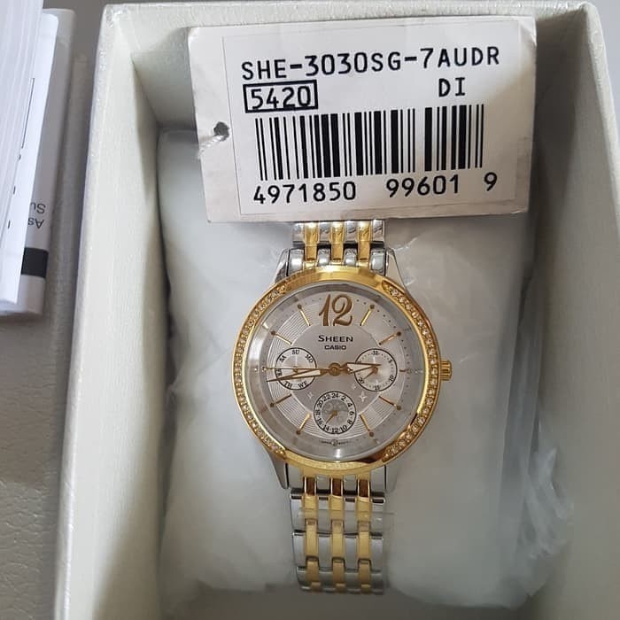 Jam Tangan Wanita Casio Sheen SHE 3030D Rantai Silver Gold