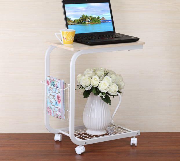 Mini Roller Side Table Wood Design Surface White Steel Can