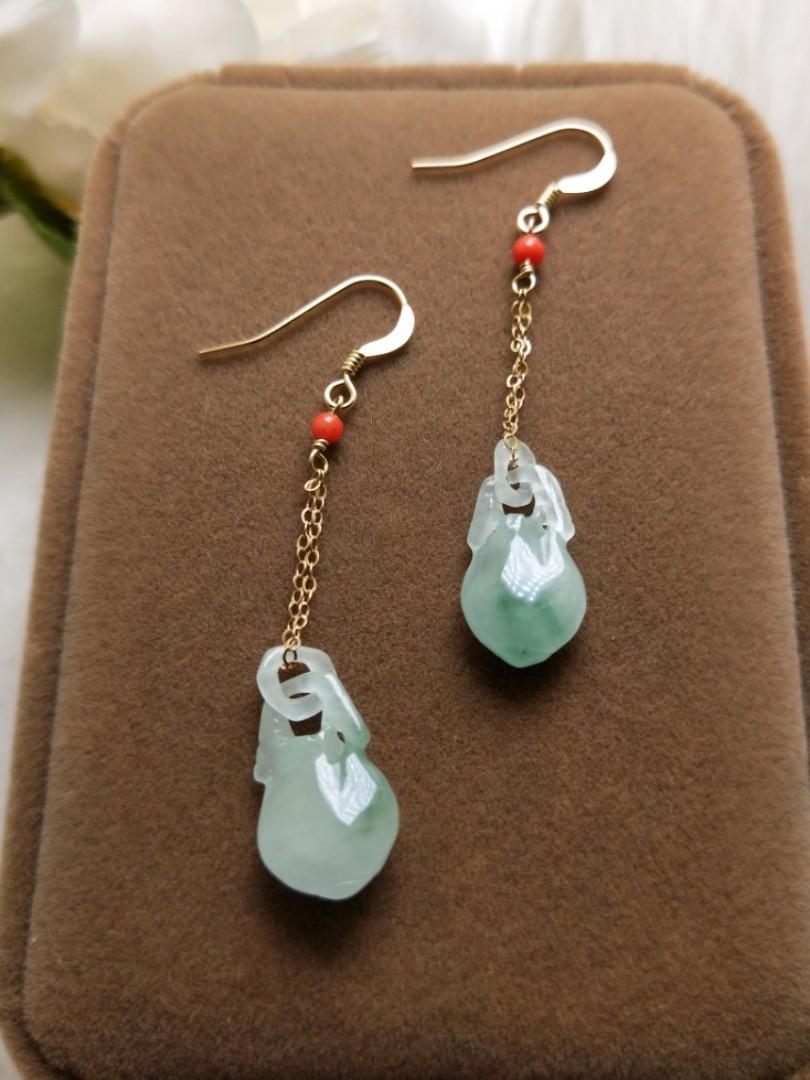 New Fashion Natural Green Jade 18K Gold Plated Fortune Lucky Ear Stud Earrings