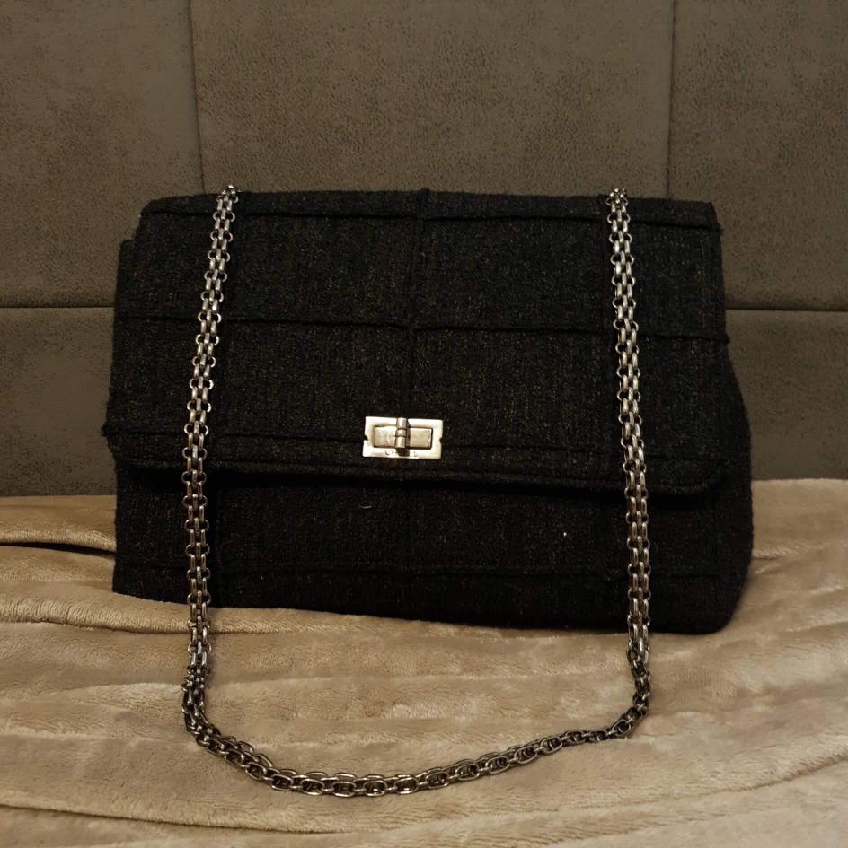 Preloved Chanel 2.55 Black Wool Jumbo Flap bag Luxury Bags