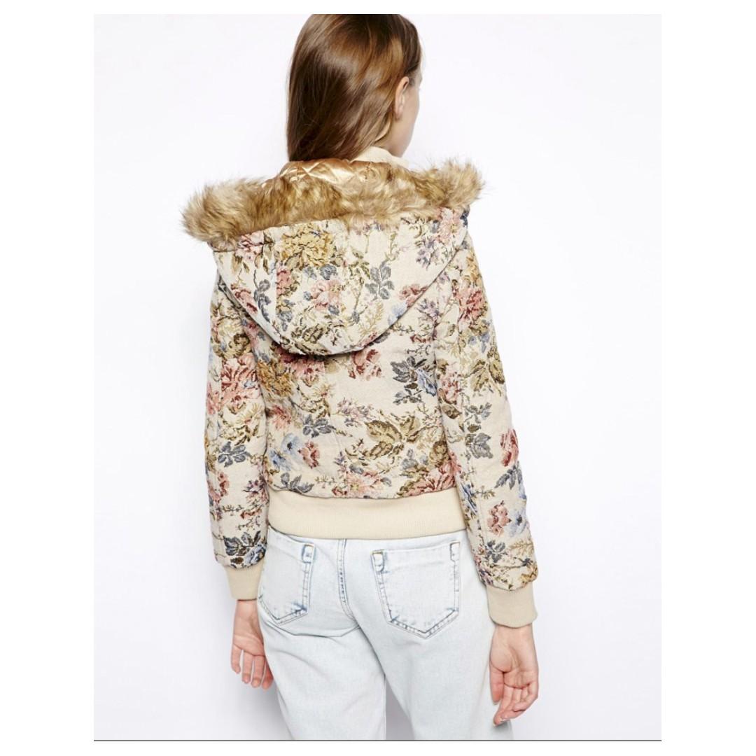 Tapestry Bomber Jacket with Fur Trim Hood Floral Spring Winter