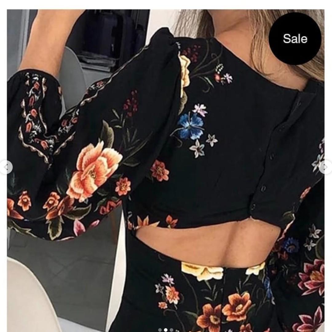 Cutout Back Bishop Sleeve Floral Bodycon Dress 2024 www.myteluguroots