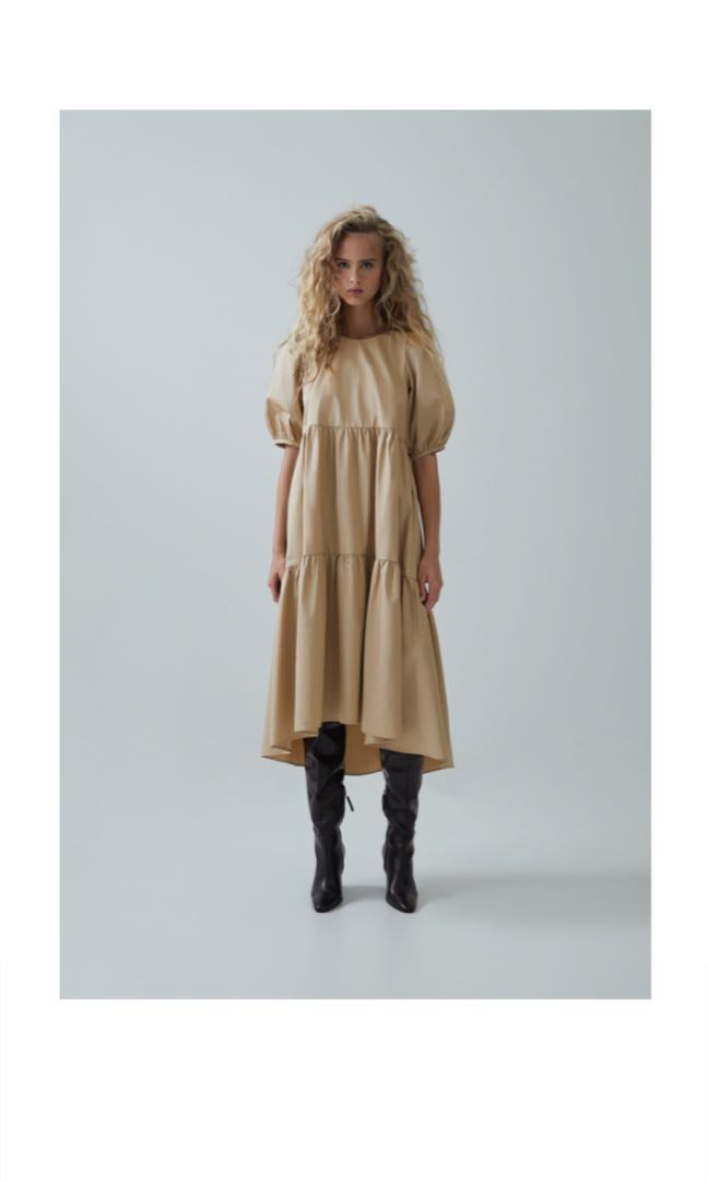 💐 Zara Beige Poplin Midi Dress with 