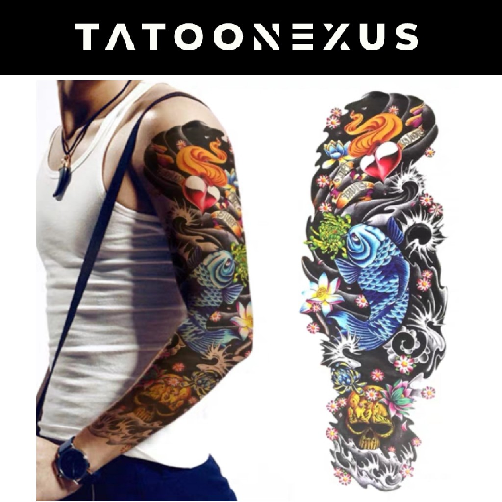 Full Flower Arm Tattoo Sticker Japanese Style Carp Lotus Temporary Body Paint Water Transfer Fake Tatoo Sleeve Design Craft Art Prints On Carousell