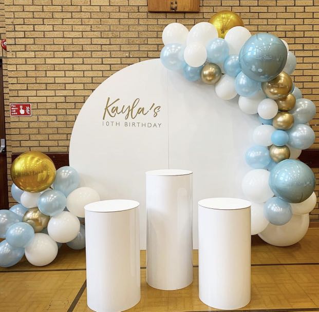 Round Backdrop with Balloon Garland and Customize Name, Design & Craft