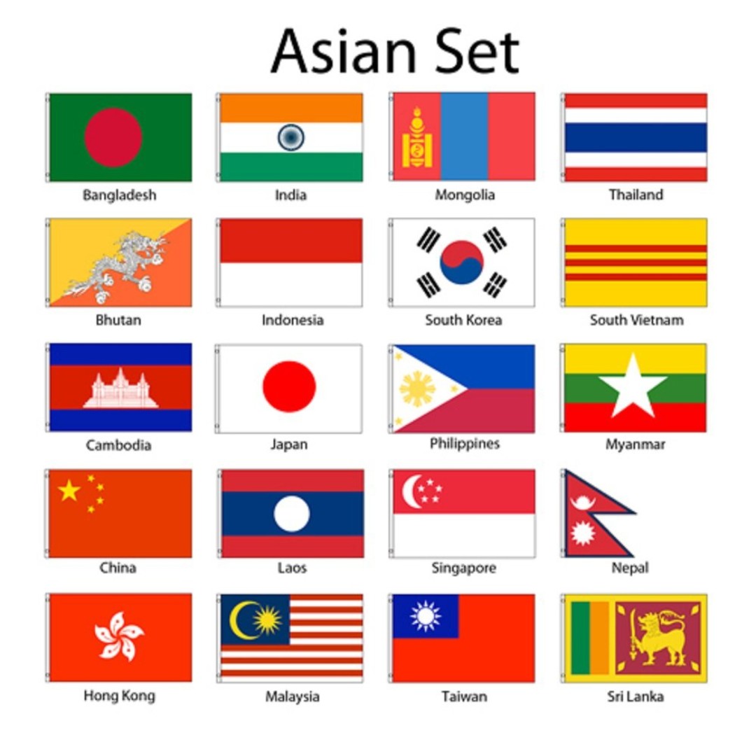 Asian Country Flags Thailand Korea India Malaysia Hong Kong Taiwan