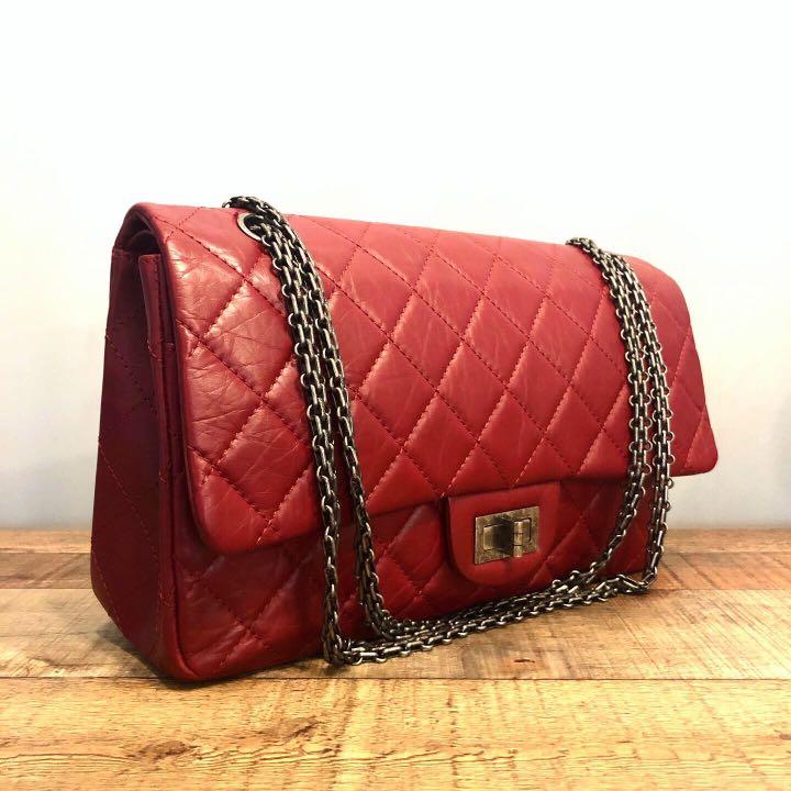 Authentic Chanel 2.55 Reissue Red Distressed Calfskin Size 227 Jumbo Flap  Bag w Ruthenium Hardware