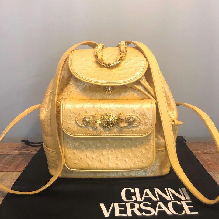 Authentic Versace Pearl Gold Glazed Ostrich Leather Backpack w Sunburst Logo and Gold Hardware