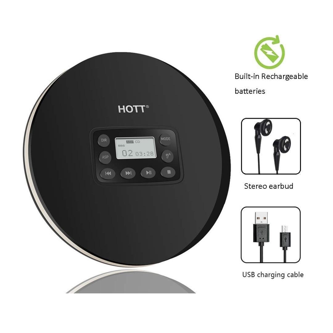 10hr Battery Life Anti-Skip Small CD Player Rechargeable Portable CD Player HOTT Personal Compact CD Player with Stereo Earbuds/LCD Display CD Music Player with Anti-Shock Function Black 