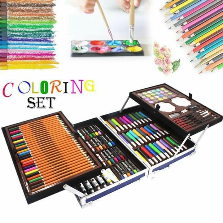 Coloring set (Category: Craft Supplies & Tools) located in Quezon City. Submitted by rigelsfashiononline (Listing ID 252319039, Image 1). Description: Coloring set 122 pcs. art drawing set with aluminum Alloy case color:pink ,sky blue size:34.5×23×9cm Php 1000.