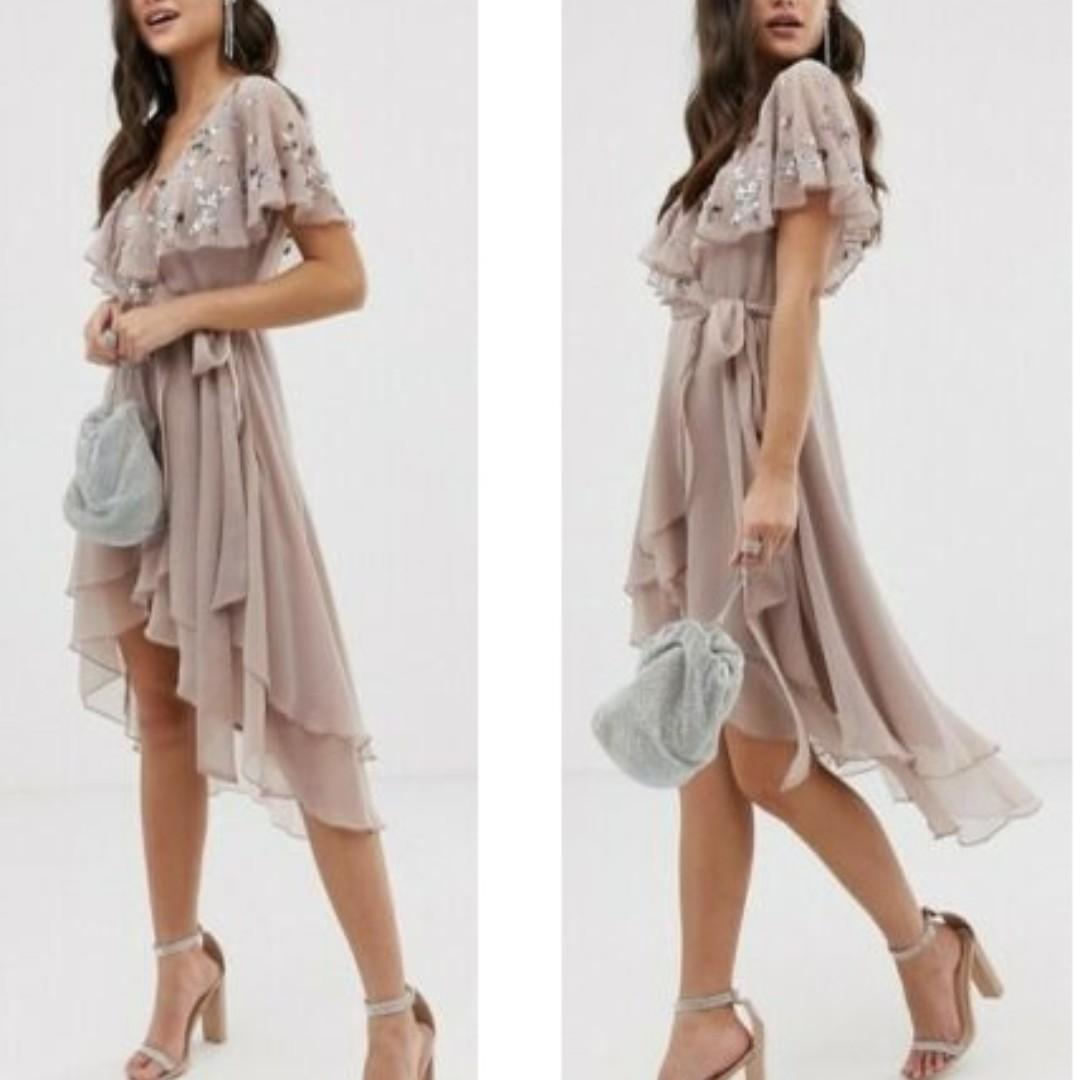 Asos design midi dress with cape back and dipped hem in embellishment store