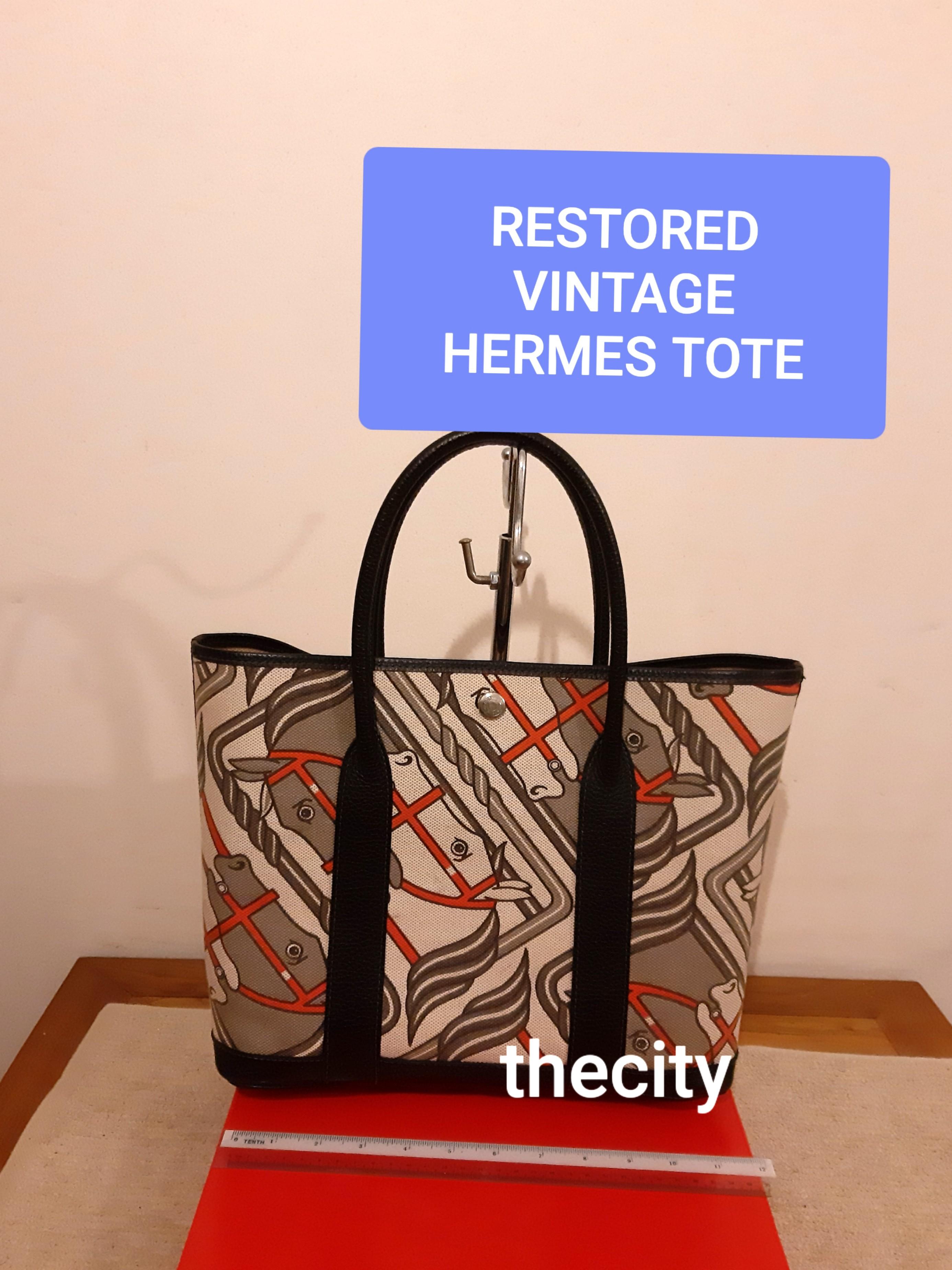 RESTORED HERMES EQUESTRIAN STEEPLE CANVAS TOTE BAG SHAPE DESIGN ABIT SIMILAR TO HERMES GARDEN PARTY BAG ALL LEATHER PARTS HANDLES TRIMS