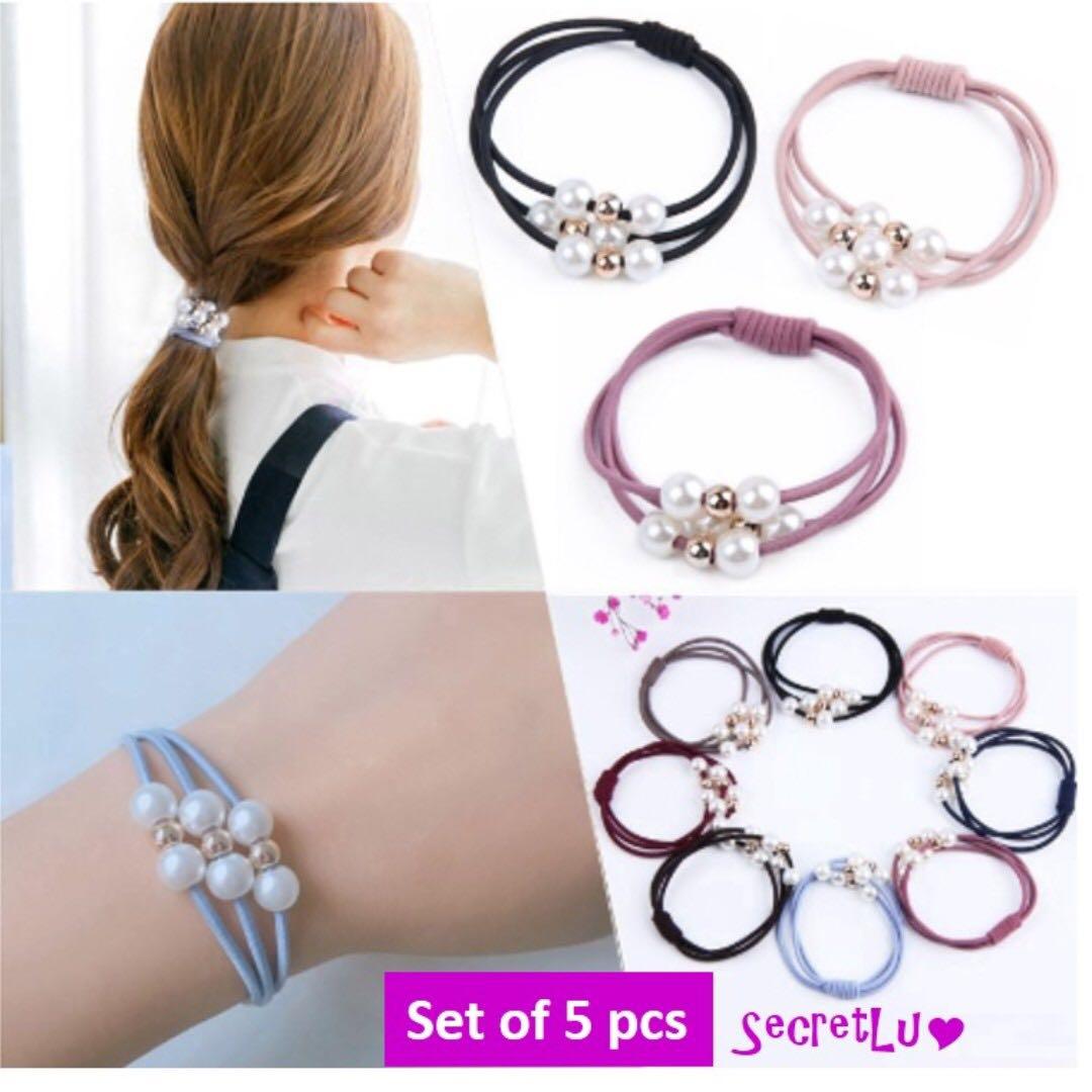 S181 New Set Of 5 Pcs Girls Trendy Pearl Hair Tie Elastic Band