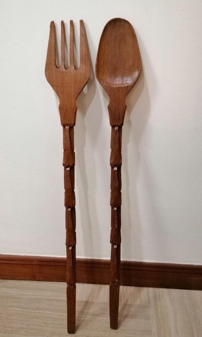 Vintage Extra Large Wood Carved Fork And Spoon Vintage Collectibles Vintage Collectibles On Carousell
