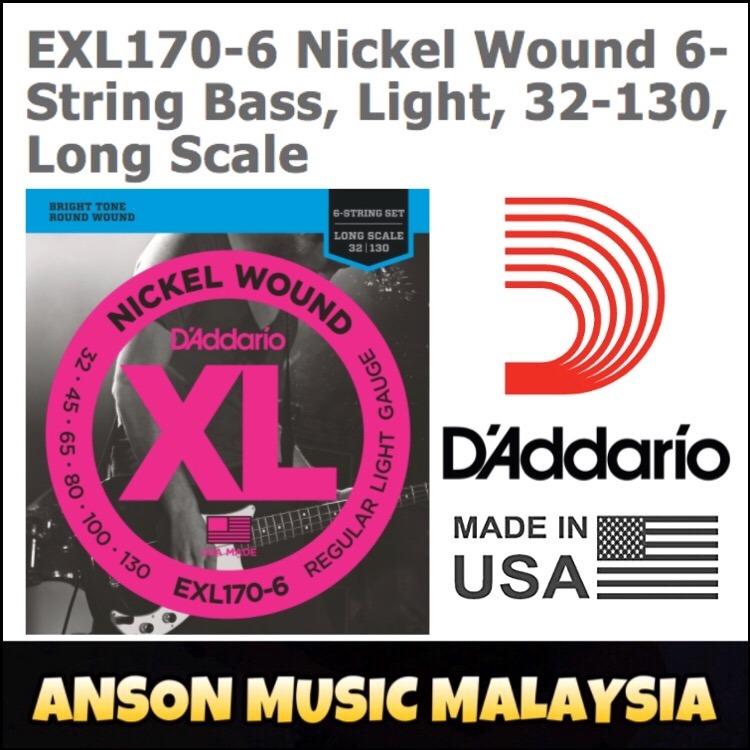 D'Addario EXL170-6 Nickel Wound 6-String Bass, Light, 32-130, Long ...