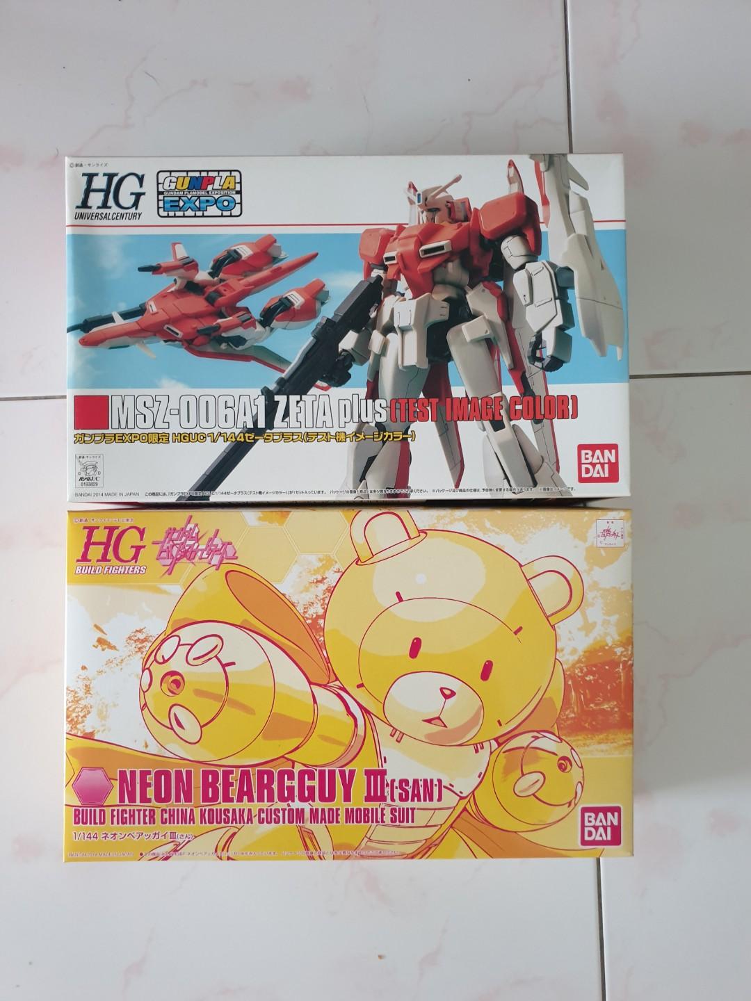 Selling Gundam Expo figurines (Category: Gundam Model Kits) located in Singapore. Submitted by sleter (Listing ID 252415451, Image 1). Description: Selling 2 Gundam Expo limited edition HG gunplas. $50 for each. HG Neon Bearguy III (SAN) HG Zeta Plus (Test Image Color) Buy both and deal at my convenience, to get discounts.