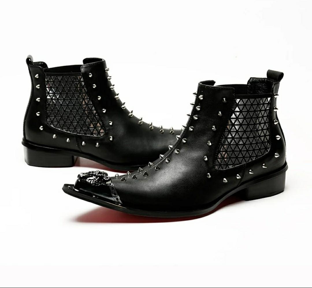Men black RED men Boots rivets rock style leather