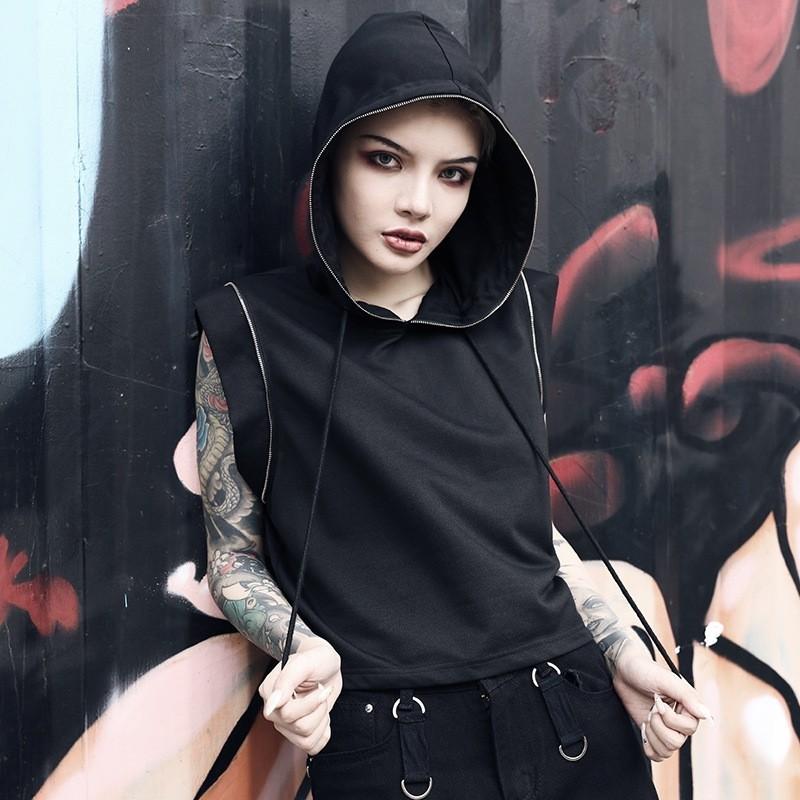 GOTHIC HOODED SLEEVELESS T SHIRT ZIPPER BLACK DRAWSTRING PUNK