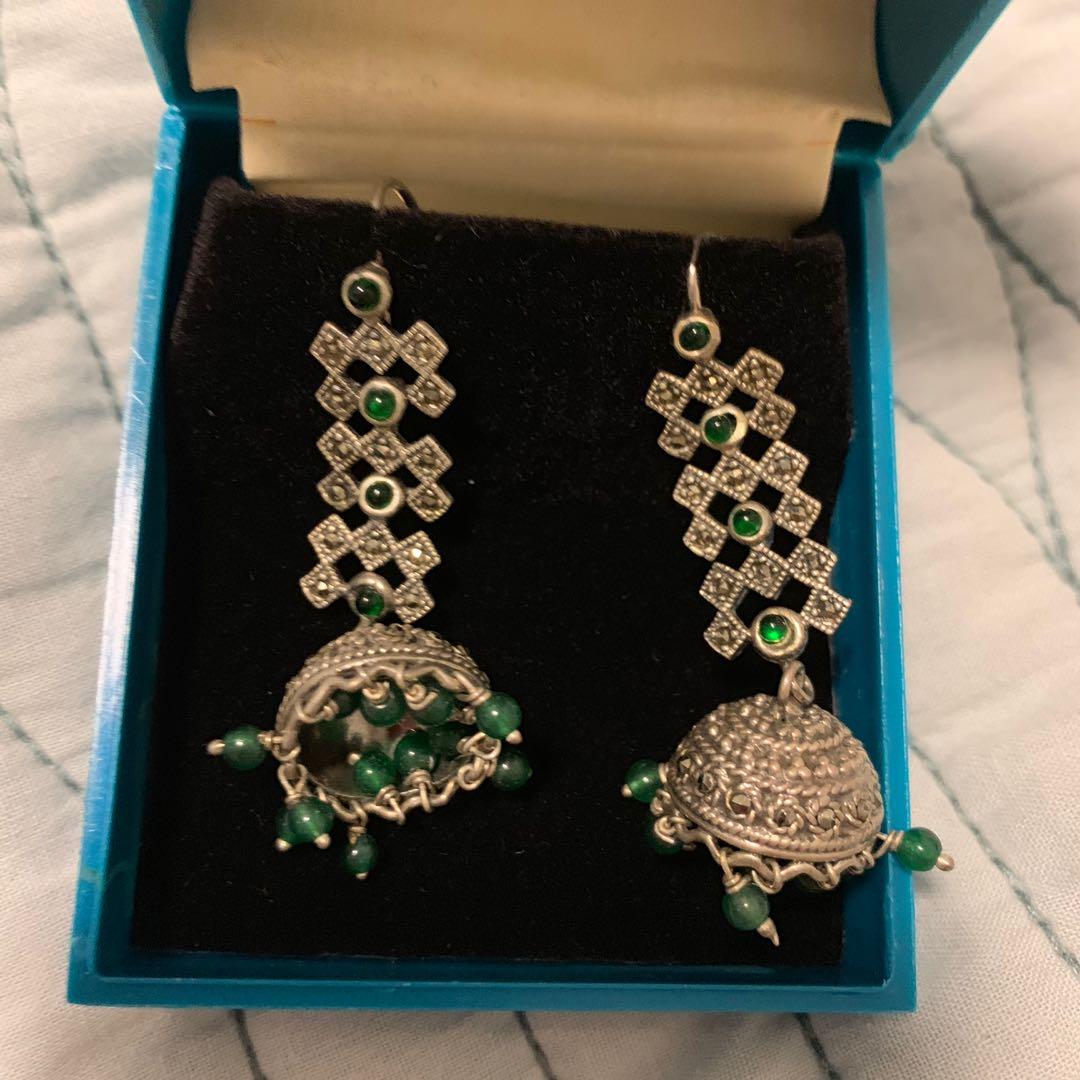 GRT silver earrings jhumkas with green 