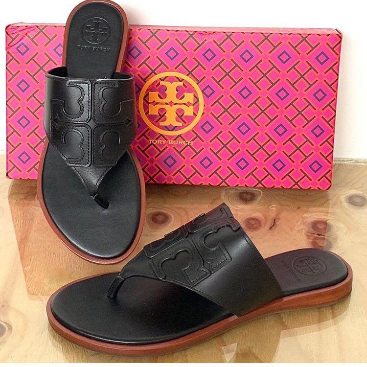tory burch jamie full logo thong royal tan and black authentic and