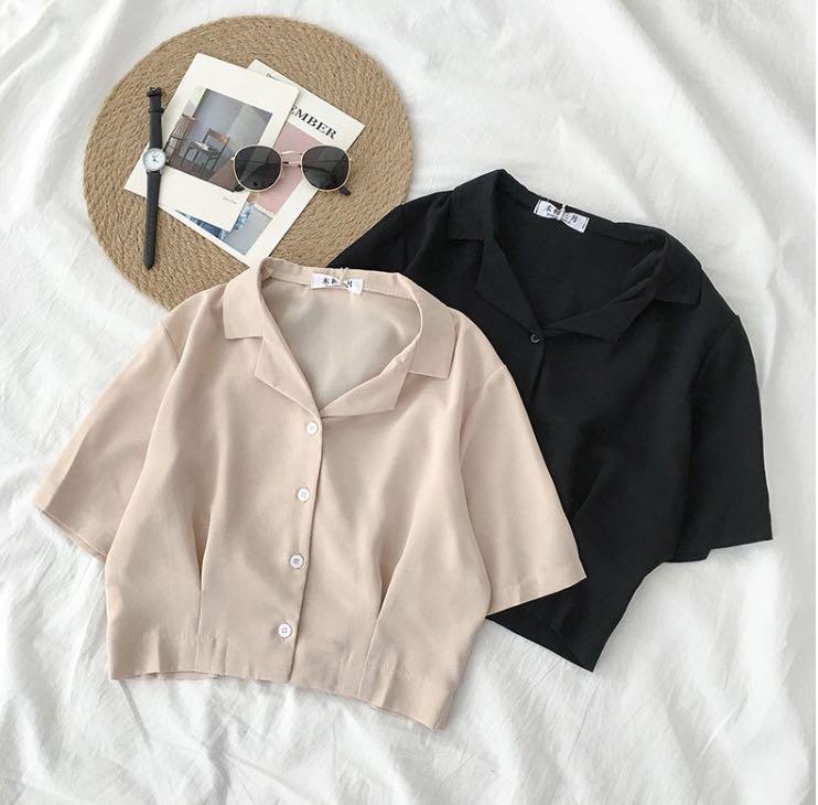 Buttoned Apricot Black Short Top Korean Style Women S Fashion