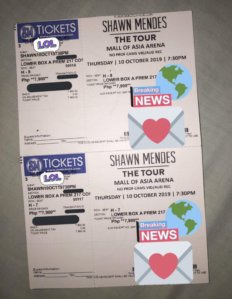 Shawn Mendes Manila Concert Tickets 2 On Oct 10 Lower Box A Premium 217 Coral Row H 7 H 8 Tickets Vouchers Event Tickets On Carousell