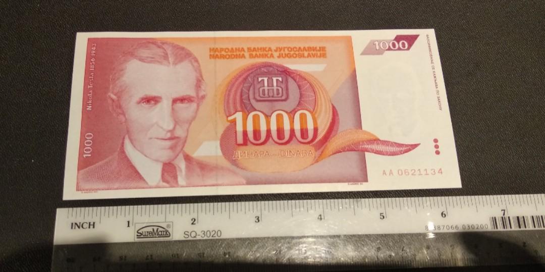 Nikola Tesla red banknote 1000 dinara UNC Yugoslavia 1992