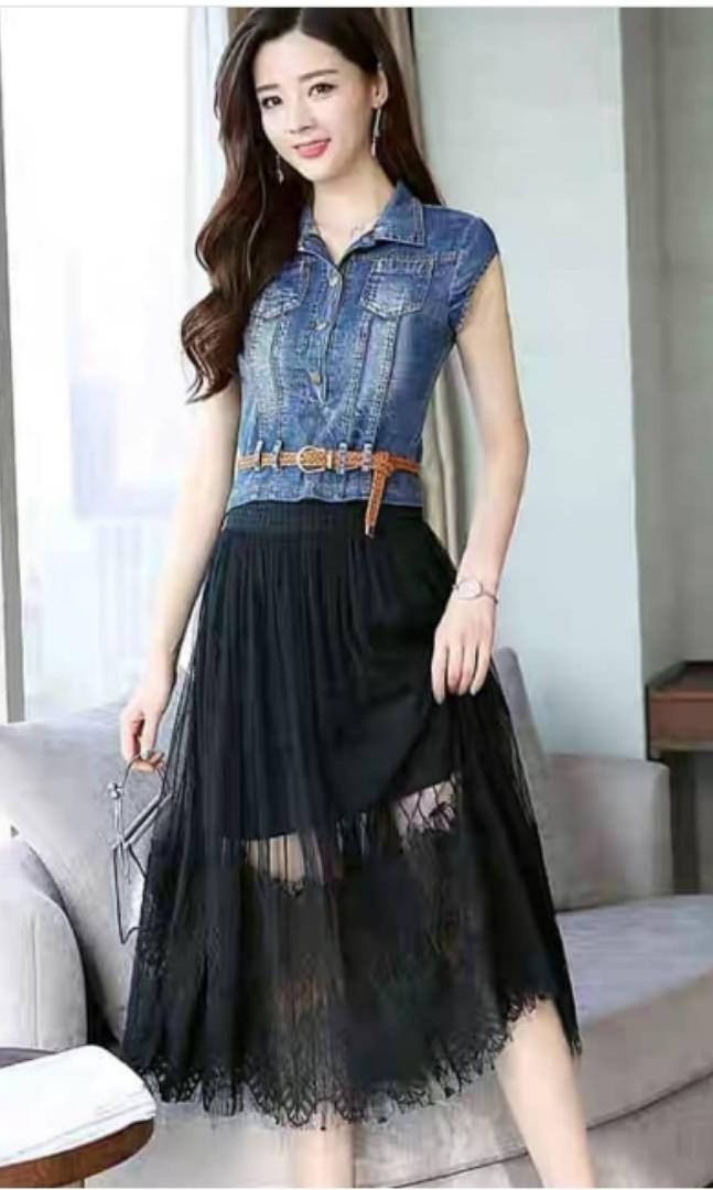 1 Set Denim Top + Skirt, Fesyen Wanita 