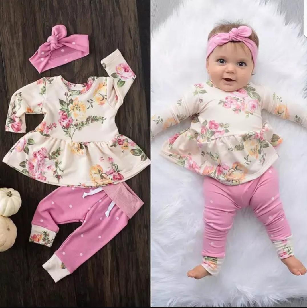Baby girl clothes set long sleeve floral o neck top dress pants dot leggings outfit