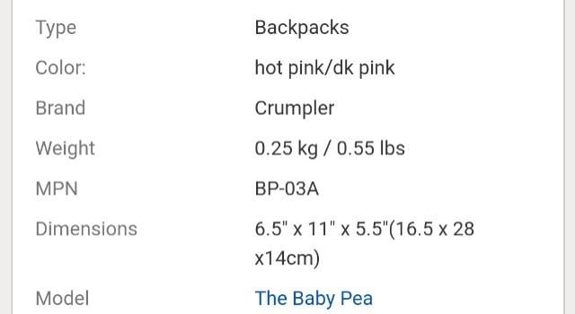 Backpack (Category: Diaper Bags & Wetbags) located in Singapore. Submitted by tq4viewing (Listing ID 202278439, Image 6). Description: : Authentic Crumpler Backpack : Still in very good condition : Suitable for girls age 3 to 7 years old,depend on built.