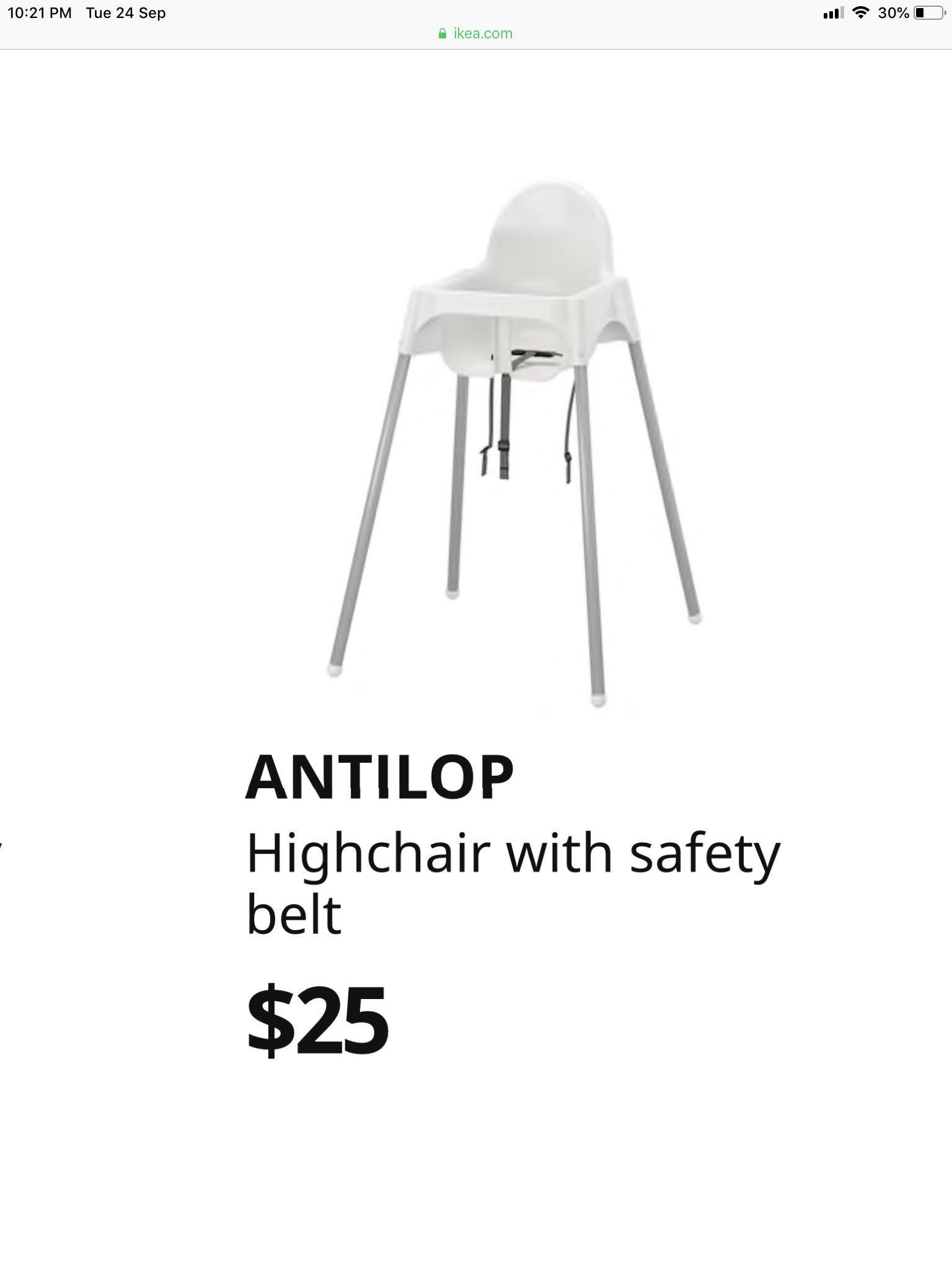 IKEA Baby / Toddlers / Kids Antilop High Chair With Seat Belt & Table