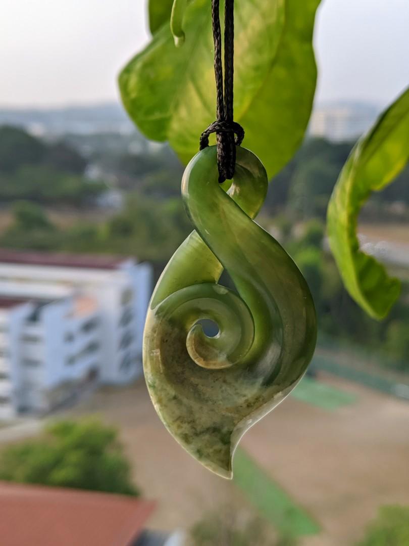 New Zealand Greenstone - Big Koru Twist Inanga Flower Jade