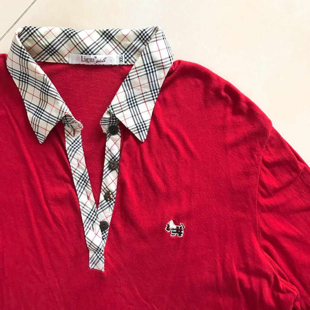 Vintage Red Burberry Pattern Long Sleeve Collar Top