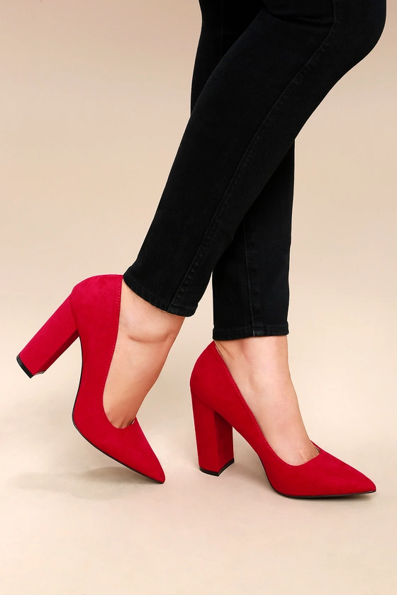 Red pointed block top heels