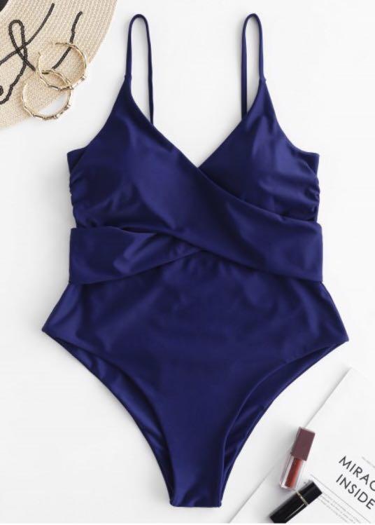 Cobalt blue front wrap one piece swimsuit, Women's Fashion, Swimwear