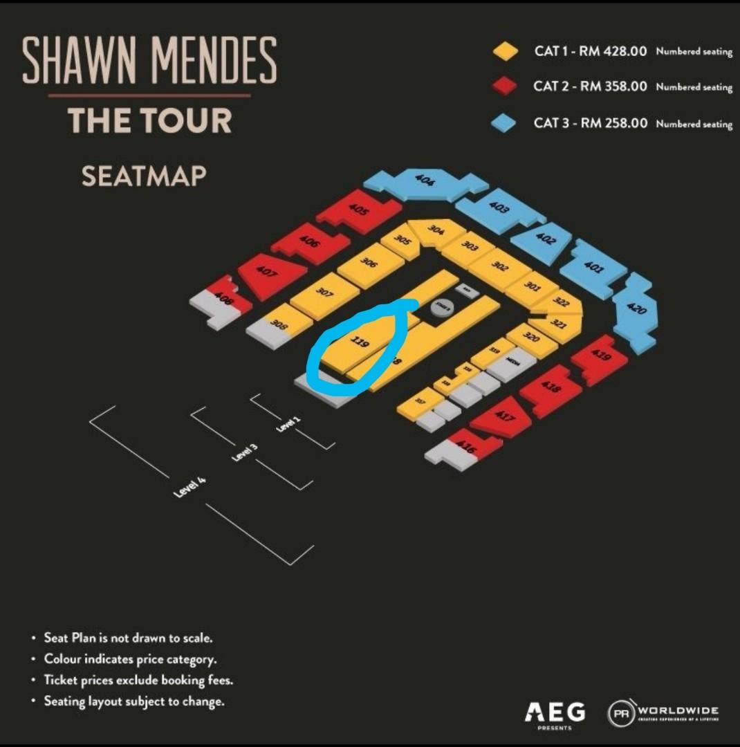 Shawn Mendes KL (original price) Cat 1 (zone 119) row PP, Tickets 