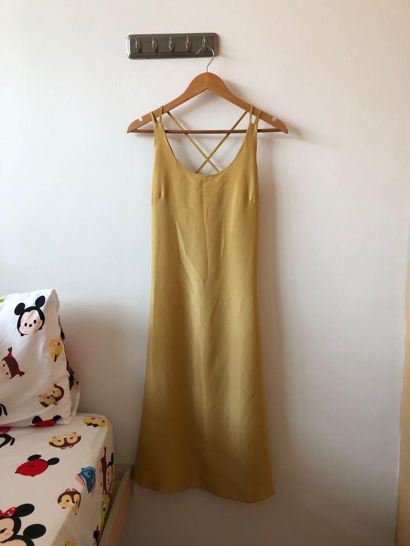 mustard silk slip dress