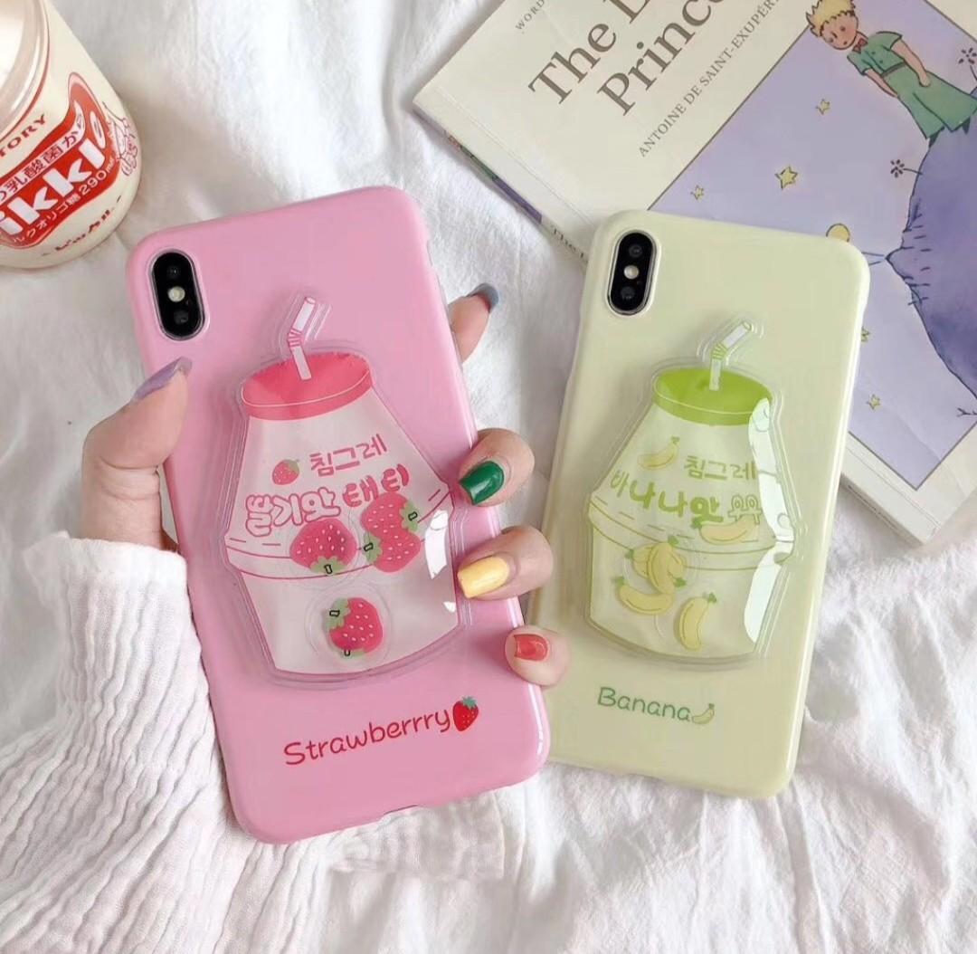 Cute Pink Banana Milk Korean Kpop Japan Harajuku Kawaii PopSockets PopGrip:  Swappable Grip for Phones & Tablets