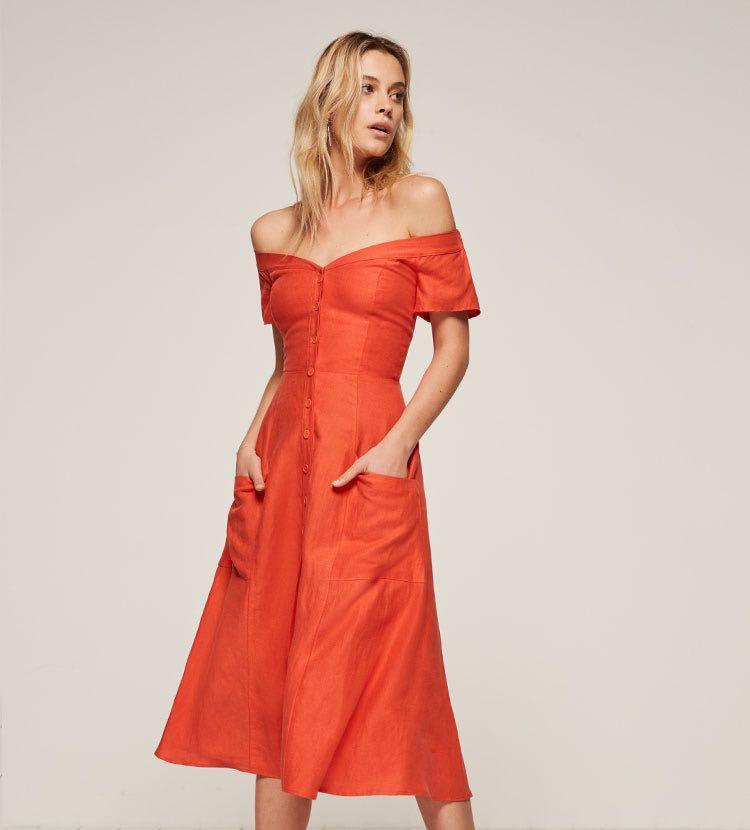 Reformation Mariposa dress fruit punch bardot off shoulder, Women's
