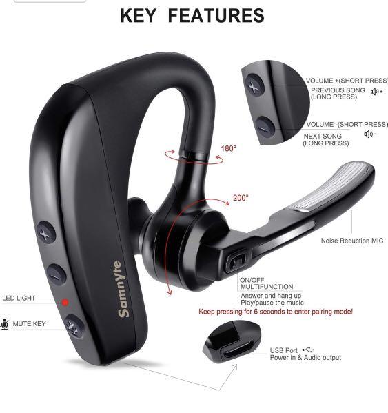 Samnyte Bluetooth Hands Free Wireless Earpiece - Sweatproof Skidproof Noise  Reduction Microphone and Mute Switch, Audio, Headphones \u0026 Headsets on  Carousell