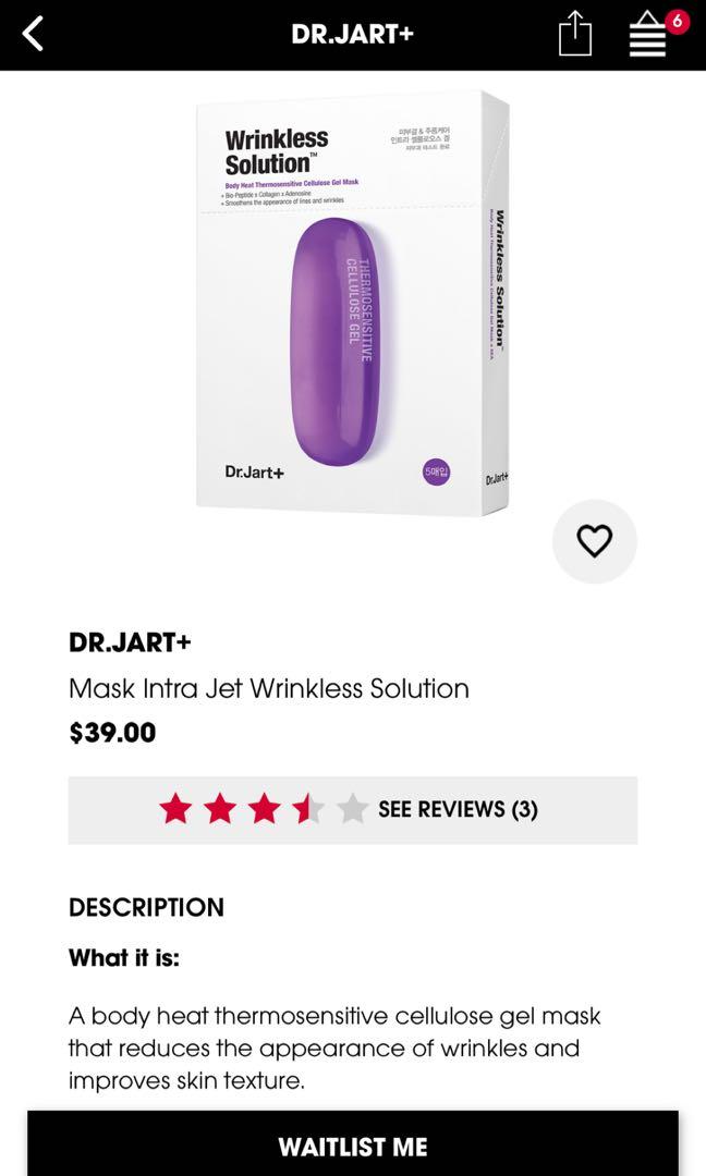 Dr jart intra jet wrinkless solution mask (4 masks), Beauty & Personal