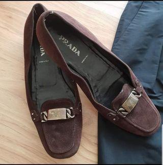 PRADA brown suede metallic logo women's loafers flats - size 39 - fits 9-9.5