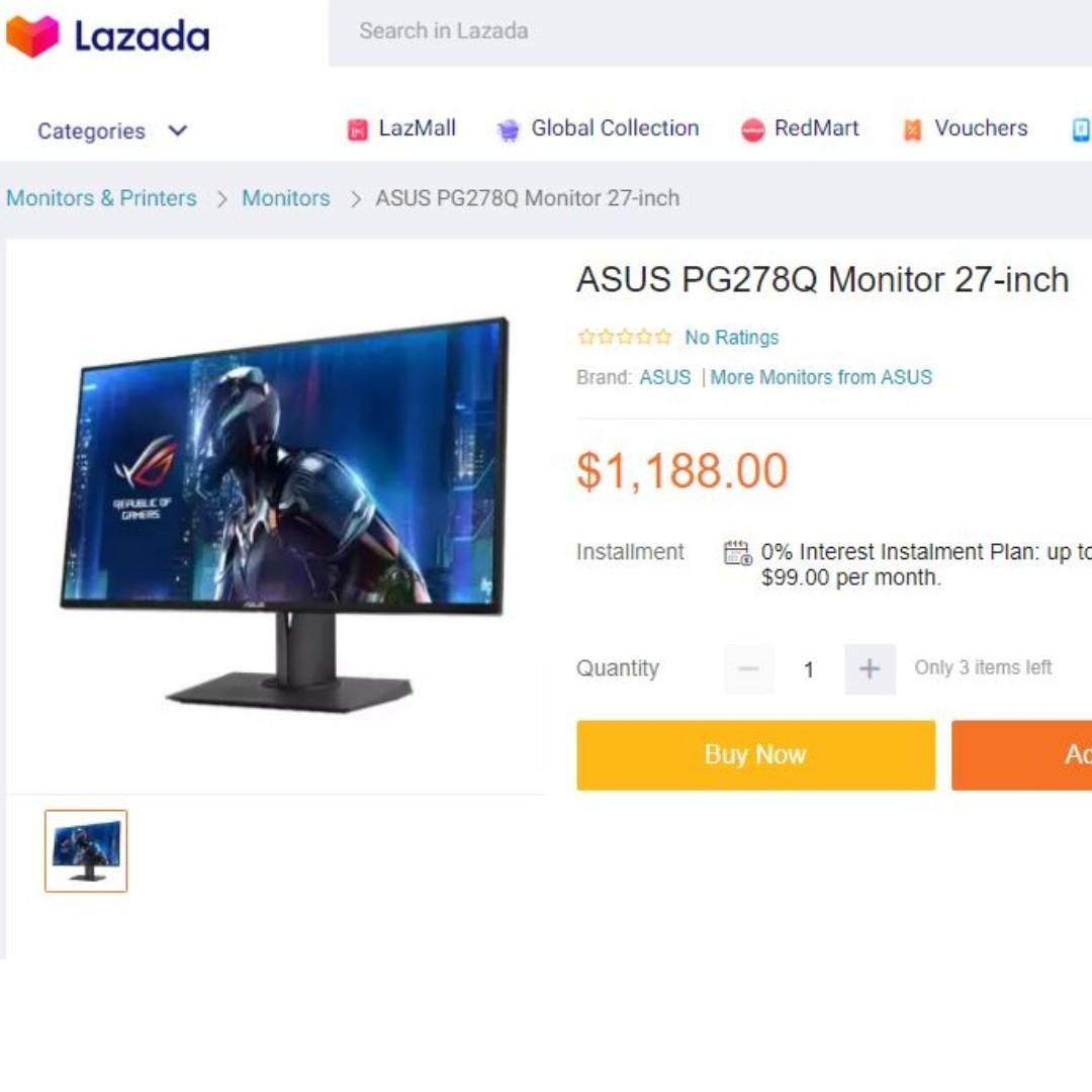 Asus Pg278q Gaming Monitor 144hz 27 Inch Electronics Computer Parts Accessories On Carousell