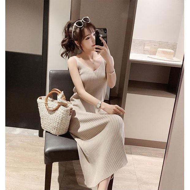 DRESS SELINE knit dress tanktop dress rajut import dress tanpa lengan dress polos rajut dress vneck dress kekinian dress korea dress casual