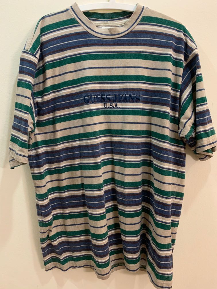 Vintage Guess Jeans USA Cream Blue Green Striped Tee, Fashion, Tops & Sets, Tshirts & Polo on Carousell