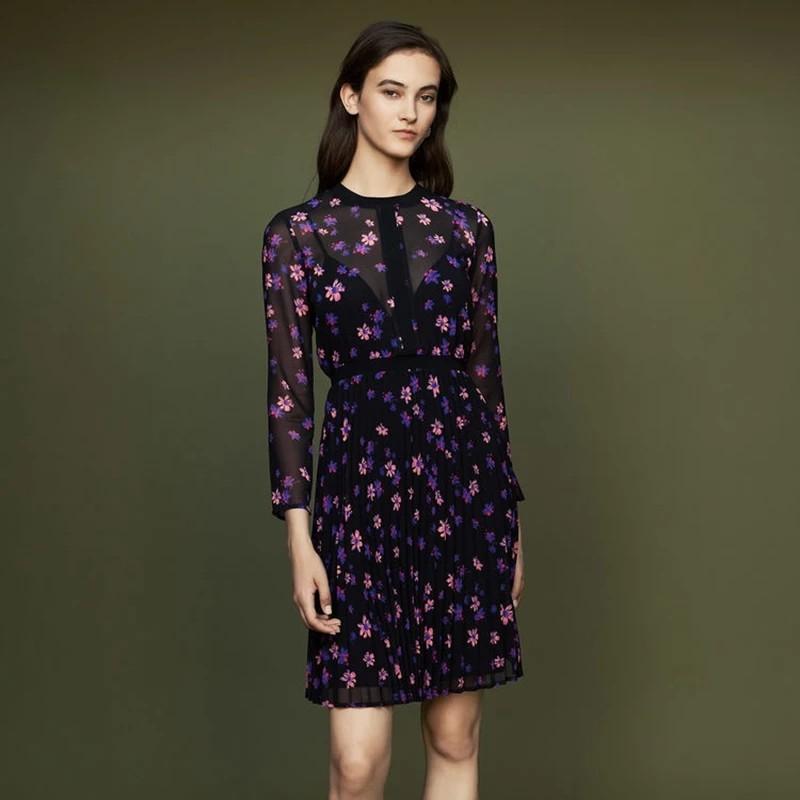 Instock Maje Black Purple Flower Pleated Dress Women s Fashion