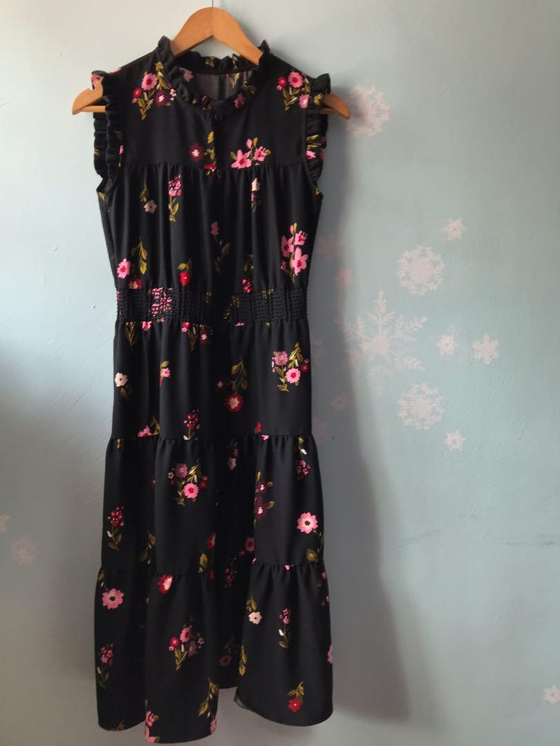 Kate Spade In Bloom Smocked Waist Black Floral Knee Length Dress Womens  Size XS
