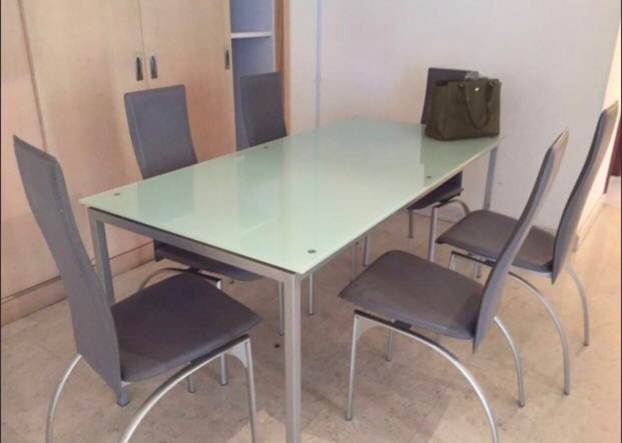 Used Glass Dining Table Set with 6 leather metal chairs, Furniture ...