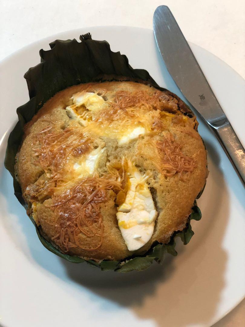 Bibingka (rice cakes with coconut milk), with salted egg and cheese
