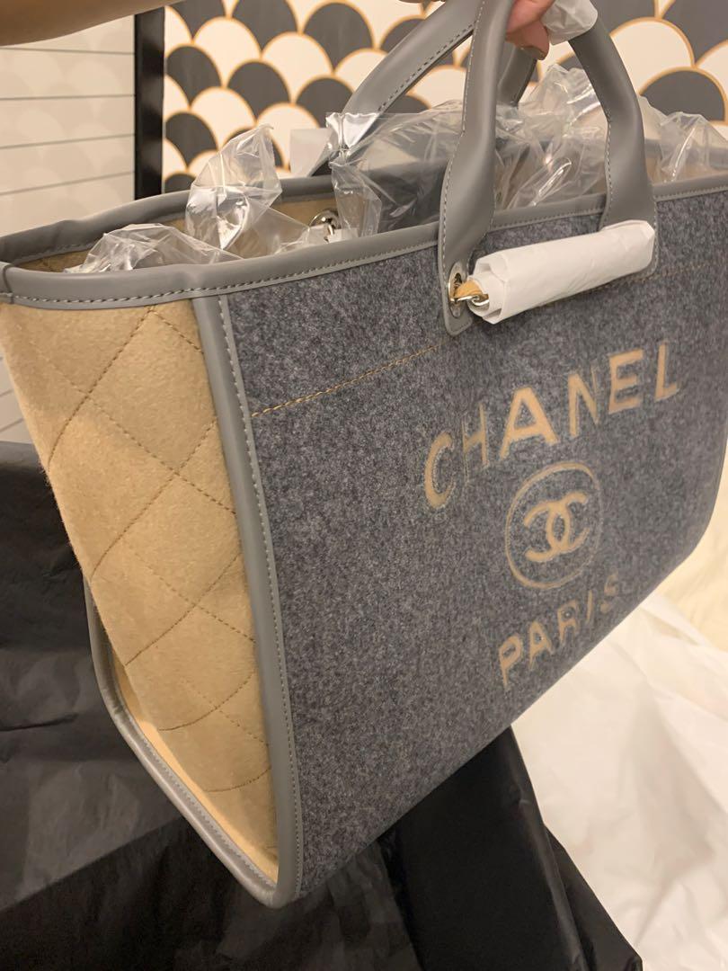 Chanel Deauville Large, Beige Wool with White Leather and Silver Hardware
